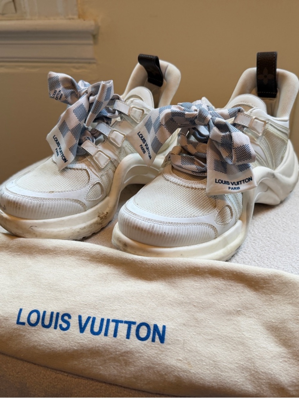 Louis Vuitton Kids White Sneakers with Blue Check Ribbon Laces